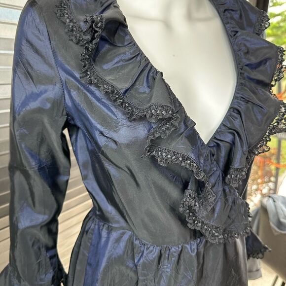 Anna Sui Vintage Taffeta Midnight Iridescent Blue Wrap Dress Small 4 - Picture 3 of 13